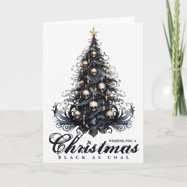 Christmas Black as Coal Skull Goth Xmas Tree  Holiday Card (Front)