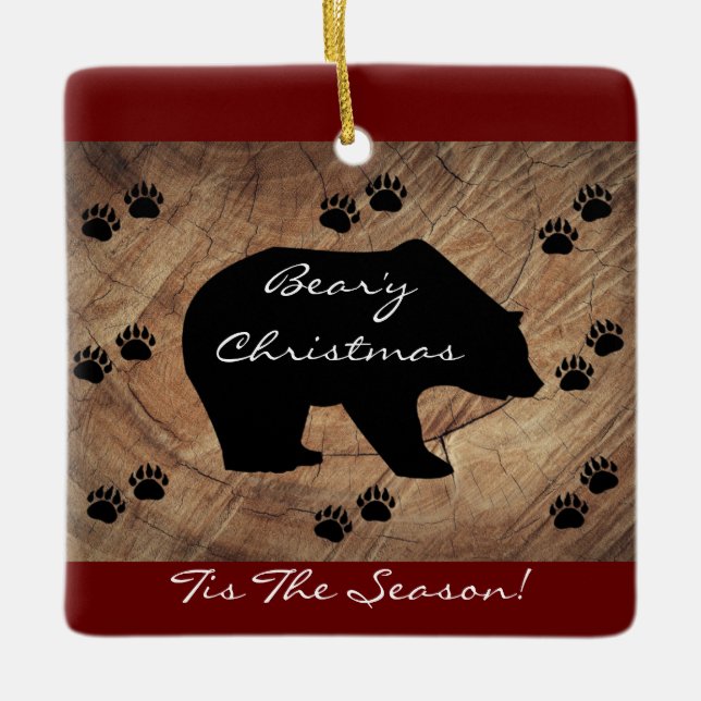 Christmas Black Bear and Bear Paws Ceramic Ornament (Front)