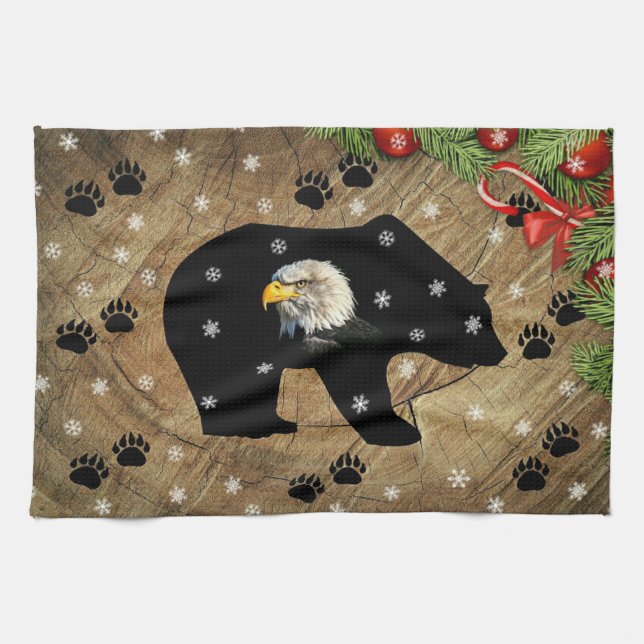 Christmas Black Bear Bald Eagle Wilderness  Kitchen Towel (Horizontal)