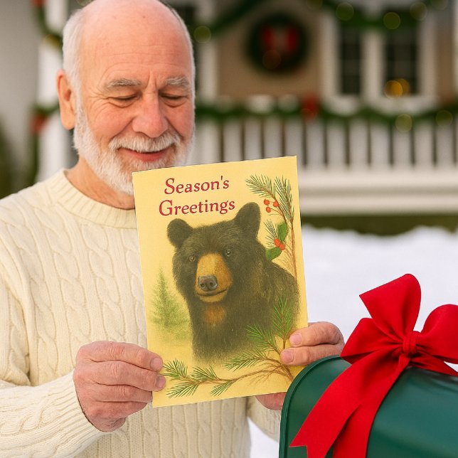 Christmas Black Bear Watercolor Holiday Card (Wildlife bear Christmas Card is perfect for senior neighbors.  Personalize the inside greeting)