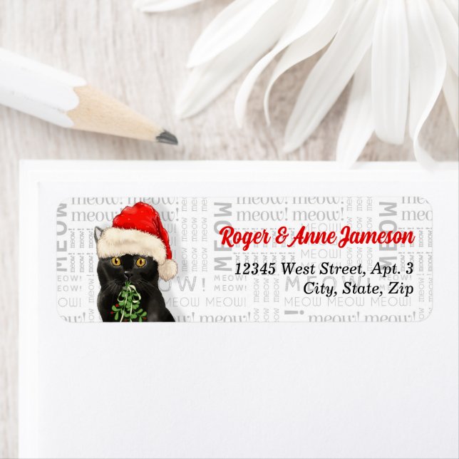 Christmas Black Bombay Cat with Name Address (Insitu)