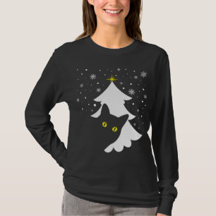 Christmas Black Cat Christmas Tree snow and stars  T-Shirt