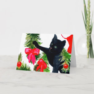 Christmas Black Cat Getting Into Christmas Tree Holiday Card