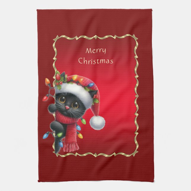 Christmas Black Cat Holiday Kitchen Towel (Vertical)