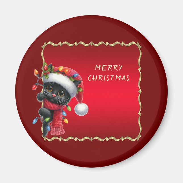 Christmas Black Cat Holiday Magnet (Front)