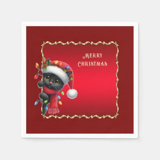 Christmas Black Cat Holiday Napkin (Front)