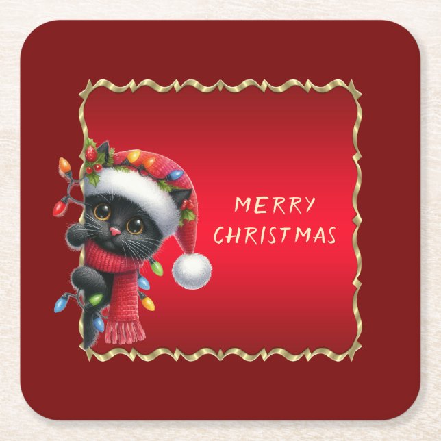 Christmas Black Cat Holiday Paper Coaster (Front)