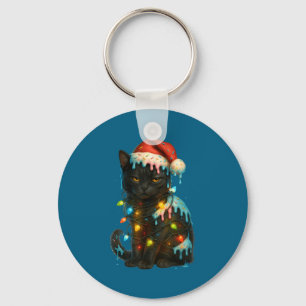 Christmas Black Cat Ice Cream Drip Santa Hat Cute  Keychain