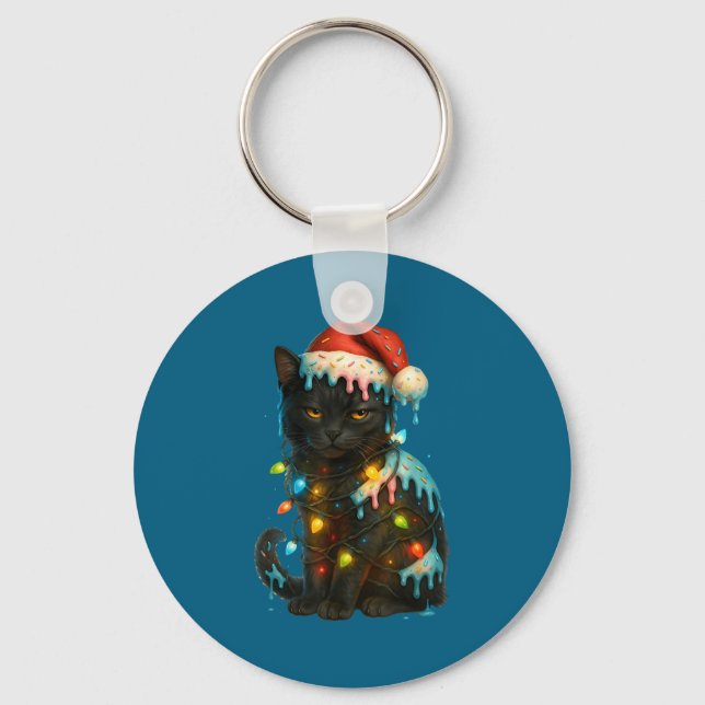 Christmas Black Cat Ice Cream Drip Santa Hat Cute  Keychain (Front)