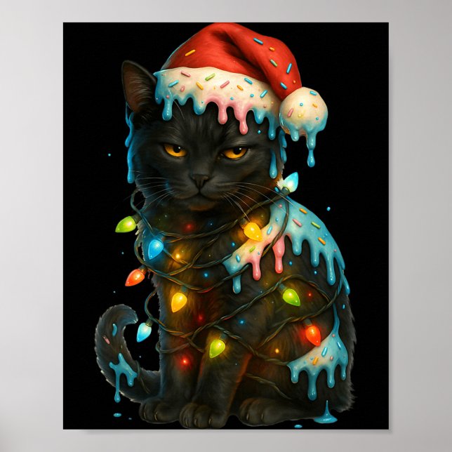 Christmas Black Cat Ice Cream Drip Santa Hat Cute  Poster (Front)