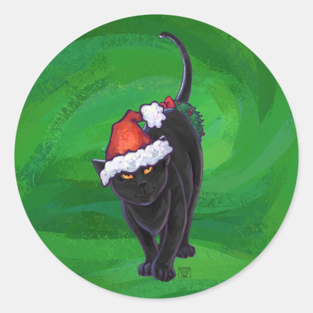 Christmas Black Cat on Green Classic Round Sticker (Front)