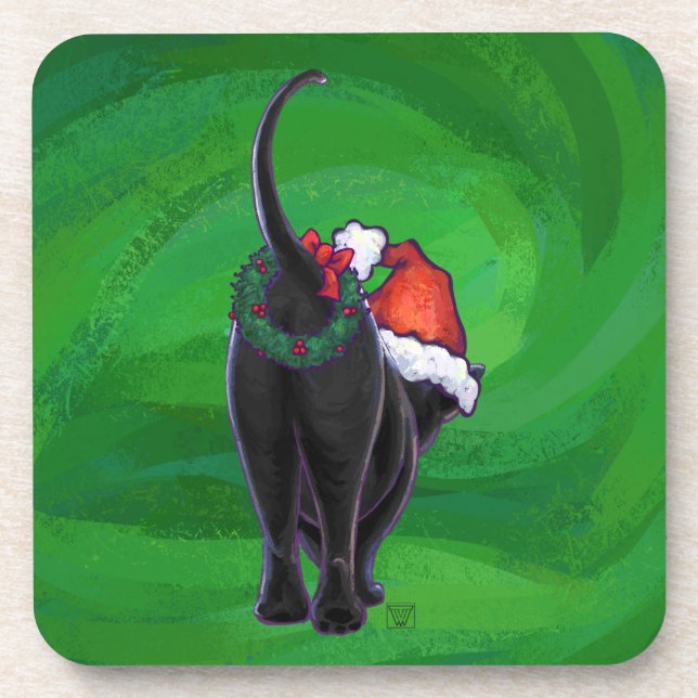 Christmas Black Cat on Green Coaster (Front)