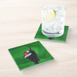 Christmas Black Cat on Green Glass Coaster