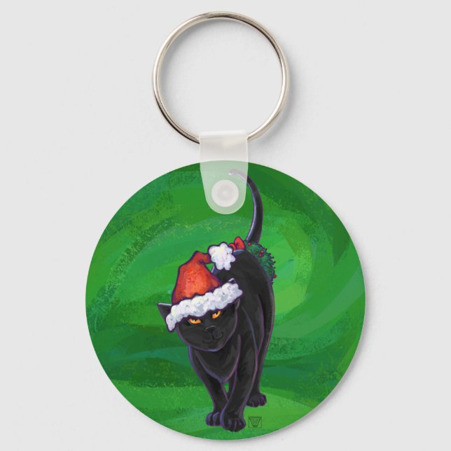 Christmas Black Cat on Green Keychain (Front)