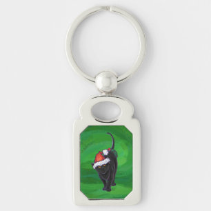 Christmas Black Cat on Green Keychain