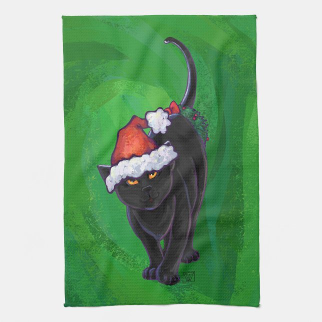 Christmas Black Cat on Green Kitchen Towel (Vertical)