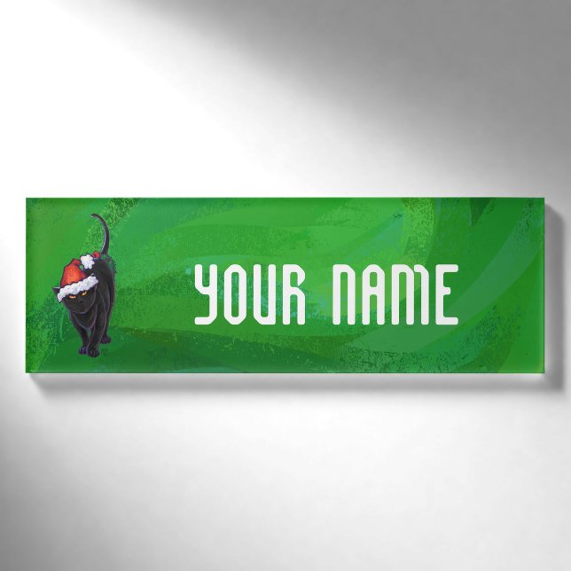 Christmas Black Cat on Green Name Tag (Front)