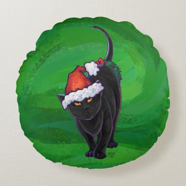 Christmas Black Cat on Green Round Pillow (Front)