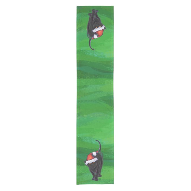Christmas Black Cat on Green Short Table Runner (Front)