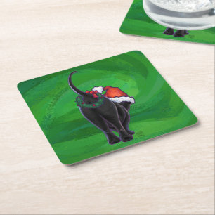 Christmas Black Cat on Green Square Paper Coaster