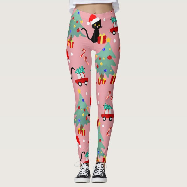 Christmas Black Cat Pattern Leggings (Front)