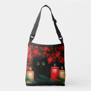 Christmas Black Cat Poinsettias Candles Crossbody Bag