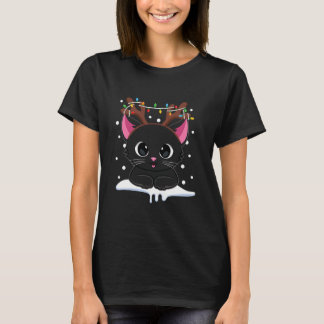 Christmas Black Cat Reindeer Antlers T-Shirt