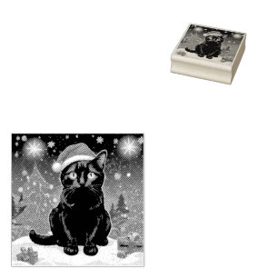 Christmas Black Cat - Santa Hat Personalized photo Rubber Stamp