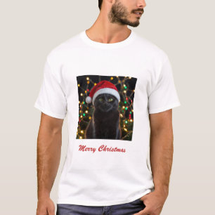 Christmas Black Cat - Santa Hat Personalized photo T-Shirt