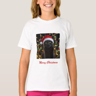 Christmas Black Cat - Santa Hat Personalized photo T-Shirt