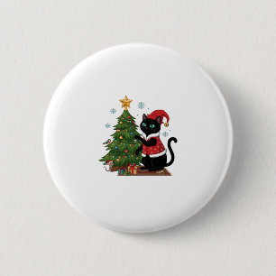 Christmas Black Cat Santa Hat Tree Mouse 2 Inch Round Button