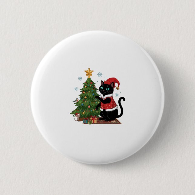 Christmas Black Cat Santa Hat Tree Mouse 2 Inch Round Button (Front)