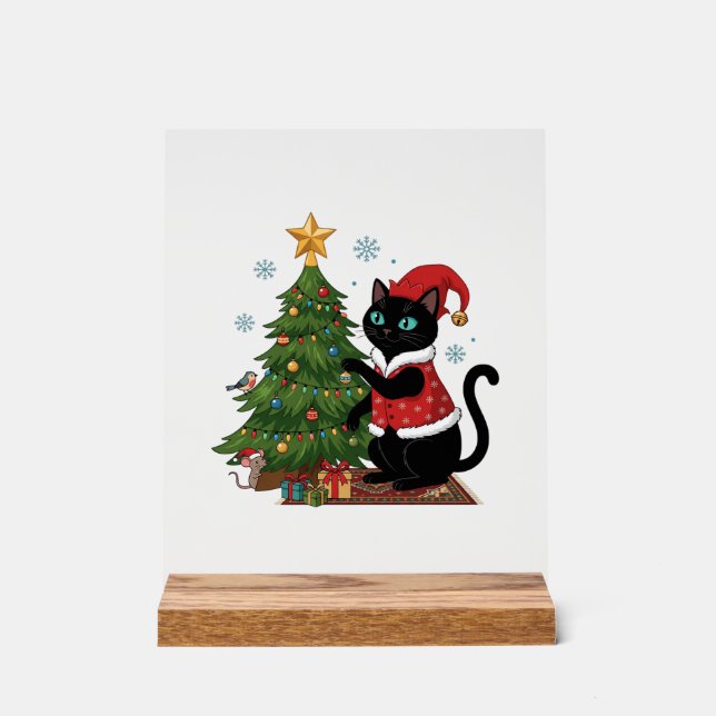 Christmas Black Cat Santa Hat Tree Mouse Acrylic Sign (Front)