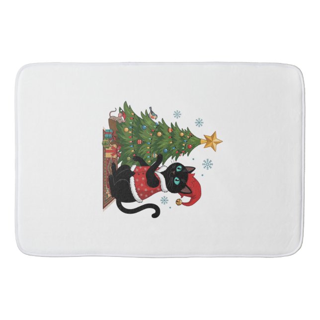 Christmas Black Cat Santa Hat Tree Mouse Bath Mat (Front)
