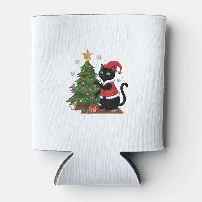 Christmas Black Cat Santa Hat Tree Mouse Can Cooler (Front)