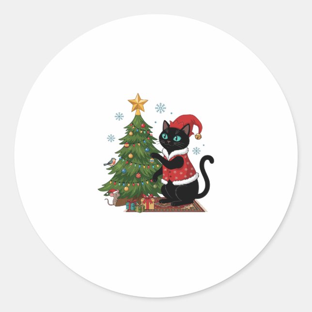 Christmas Black Cat Santa Hat Tree Mouse Classic Round Sticker (Front)