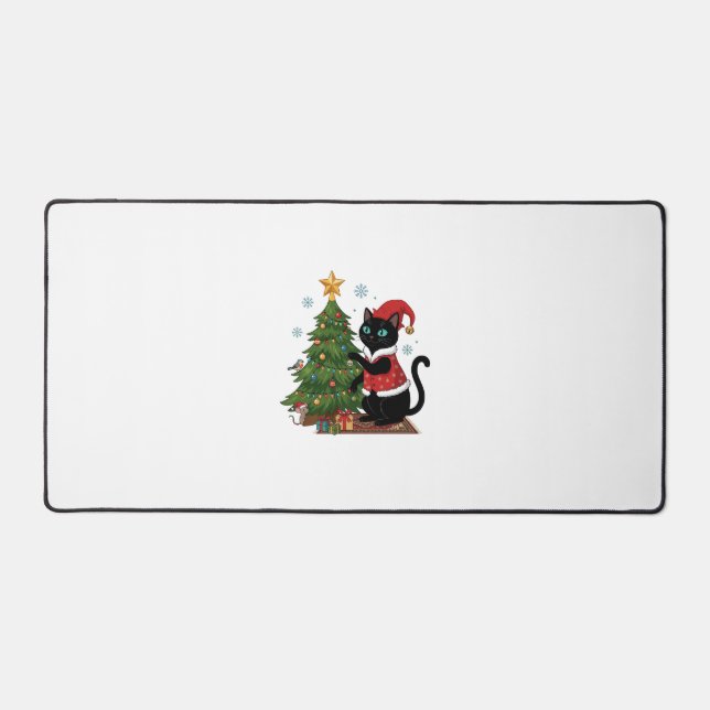 Christmas Black Cat Santa Hat Tree Mouse Desk Mat (Front)
