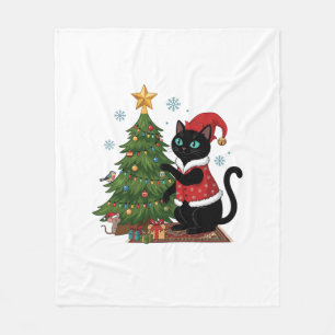 Christmas Black Cat Santa Hat Tree Mouse Fleece Blanket