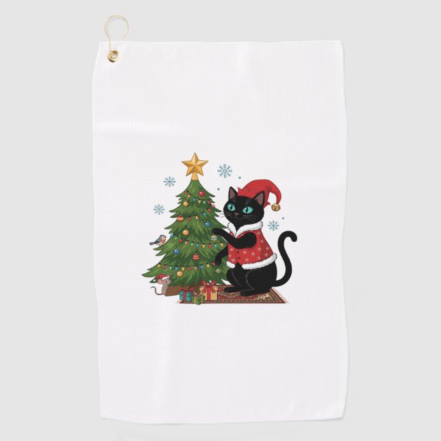 Christmas Black Cat Santa Hat Tree Mouse Golf Towel (Front)