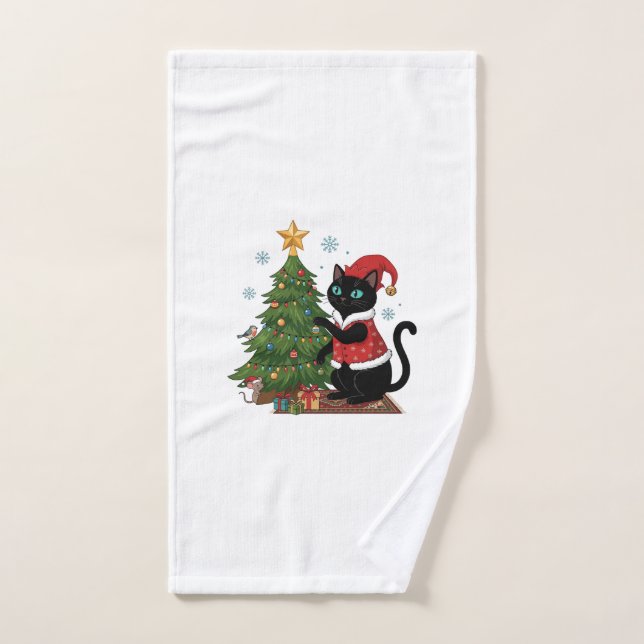 Christmas Black Cat Santa Hat Tree Mouse Hand Towel (Hand Towel)