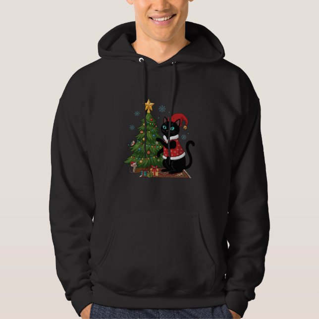 Christmas Black Cat Santa Hat Tree Mouse Hoodie (Front)