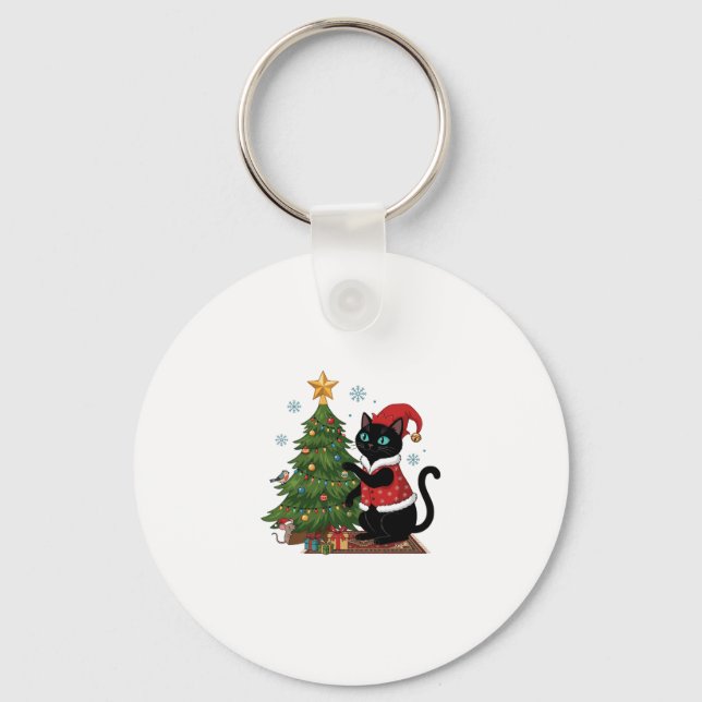 Christmas Black Cat Santa Hat Tree Mouse Keychain (Front)
