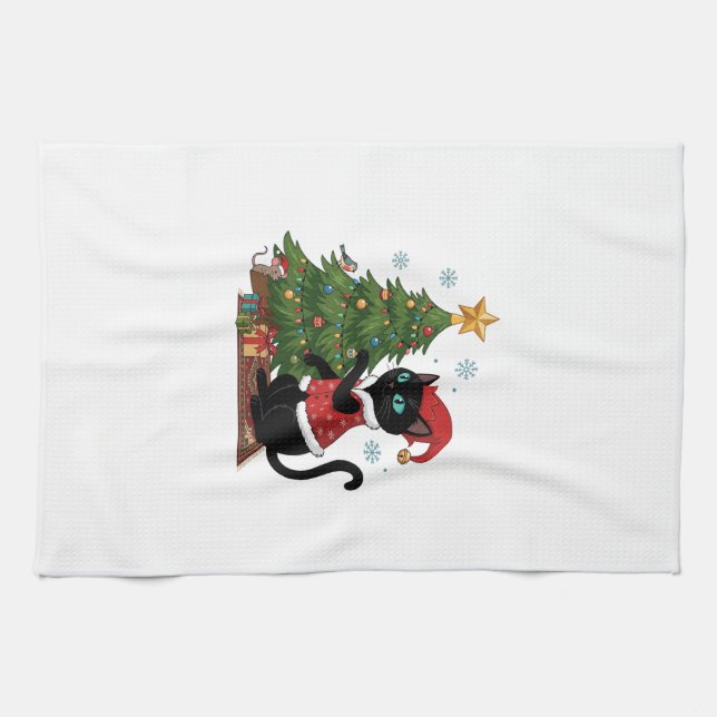 Christmas Black Cat Santa Hat Tree Mouse Kitchen Towel (Horizontal)