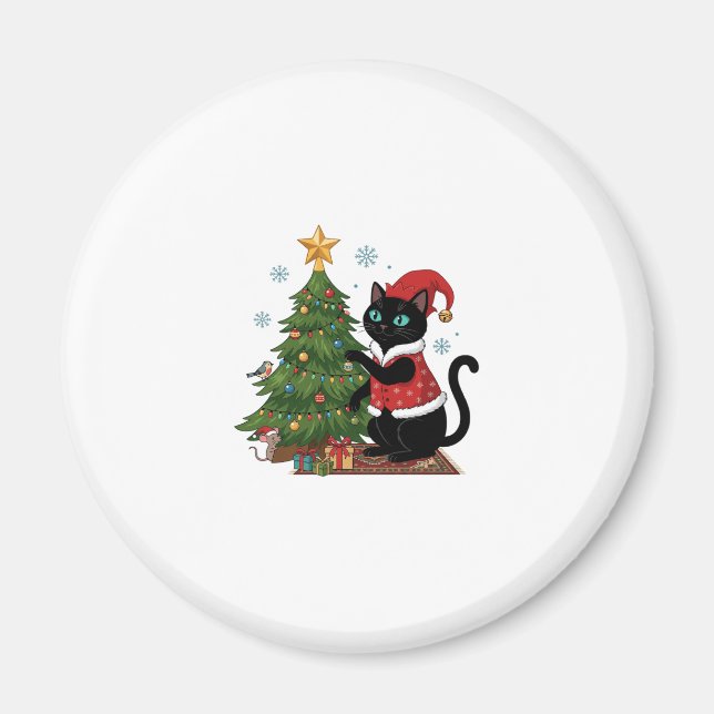Christmas Black Cat Santa Hat Tree Mouse Magnet (Front)