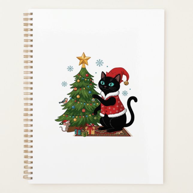 Christmas Black Cat Santa Hat Tree Mouse Planner (Front)