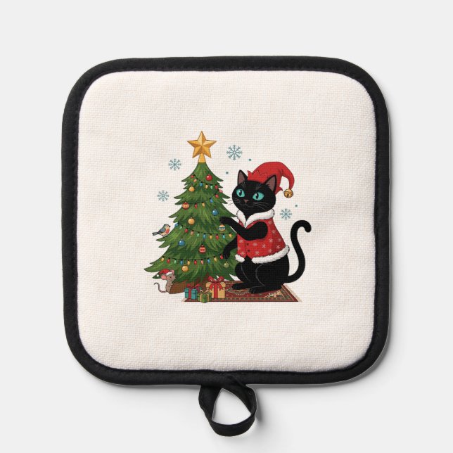 Christmas Black Cat Santa Hat Tree Mouse Pot Holder (Front)