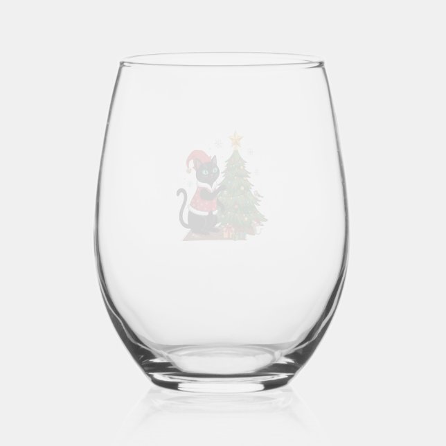 Christmas Black Cat Santa Hat Tree Mouse Stemless Wine Glass (Front)