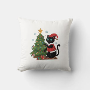 Christmas Black Cat Santa Hat Tree Mouse Throw Pillow