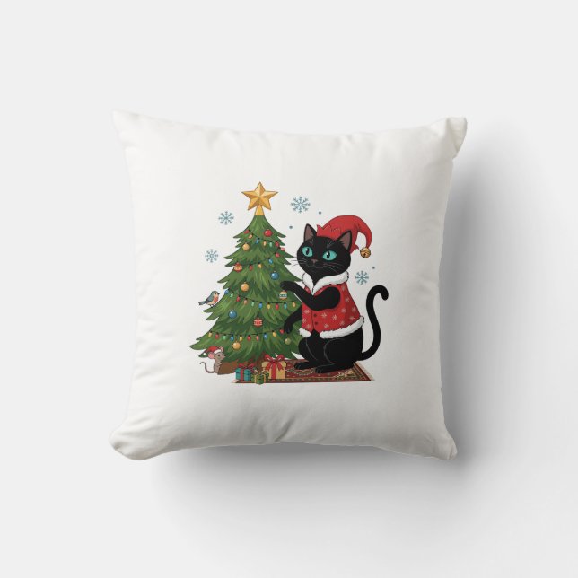 Christmas Black Cat Santa Hat Tree Mouse Throw Pillow (Front)