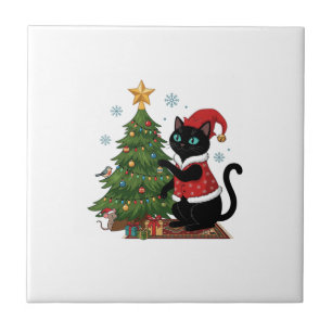 Christmas Black Cat Santa Hat Tree Mouse Tile